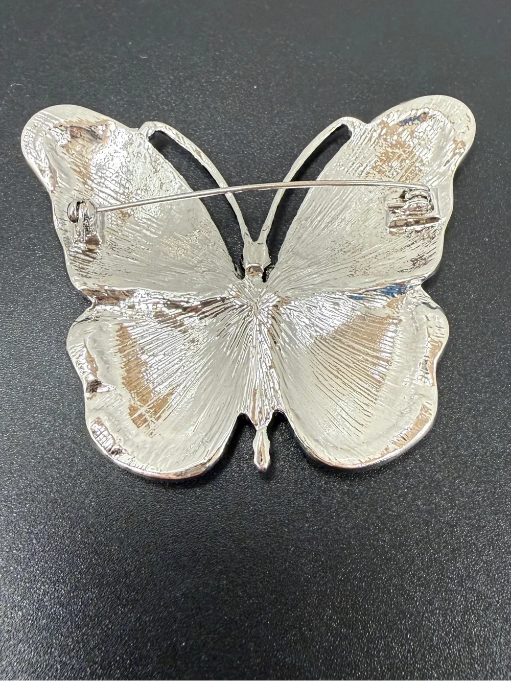 Green and Blue Enamel Butterfly Brooch - Silver Tone Crystal Accent